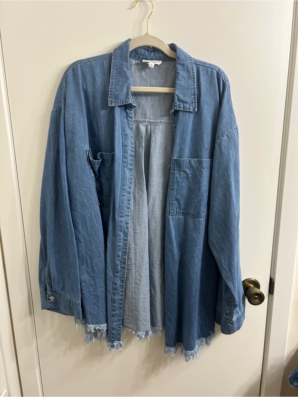 Womenโs Blue Denim Shirt with Raw Hem